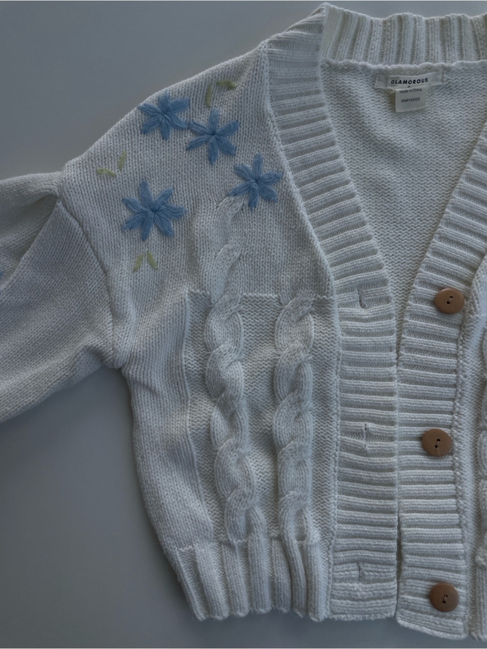 Glamorous Cream Cropped Cardigan with Blue Floral Embroidery - Picture 4 of 5